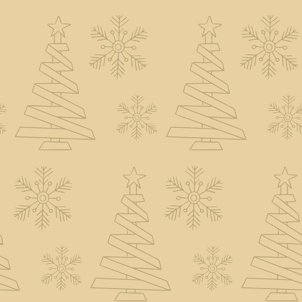 A minimal repeating pattern with stylized ribbon Christmas trees and delicate snowflakes creates a soft festive background. The concept represents eco wrapping, holiday decoration and winter design vector