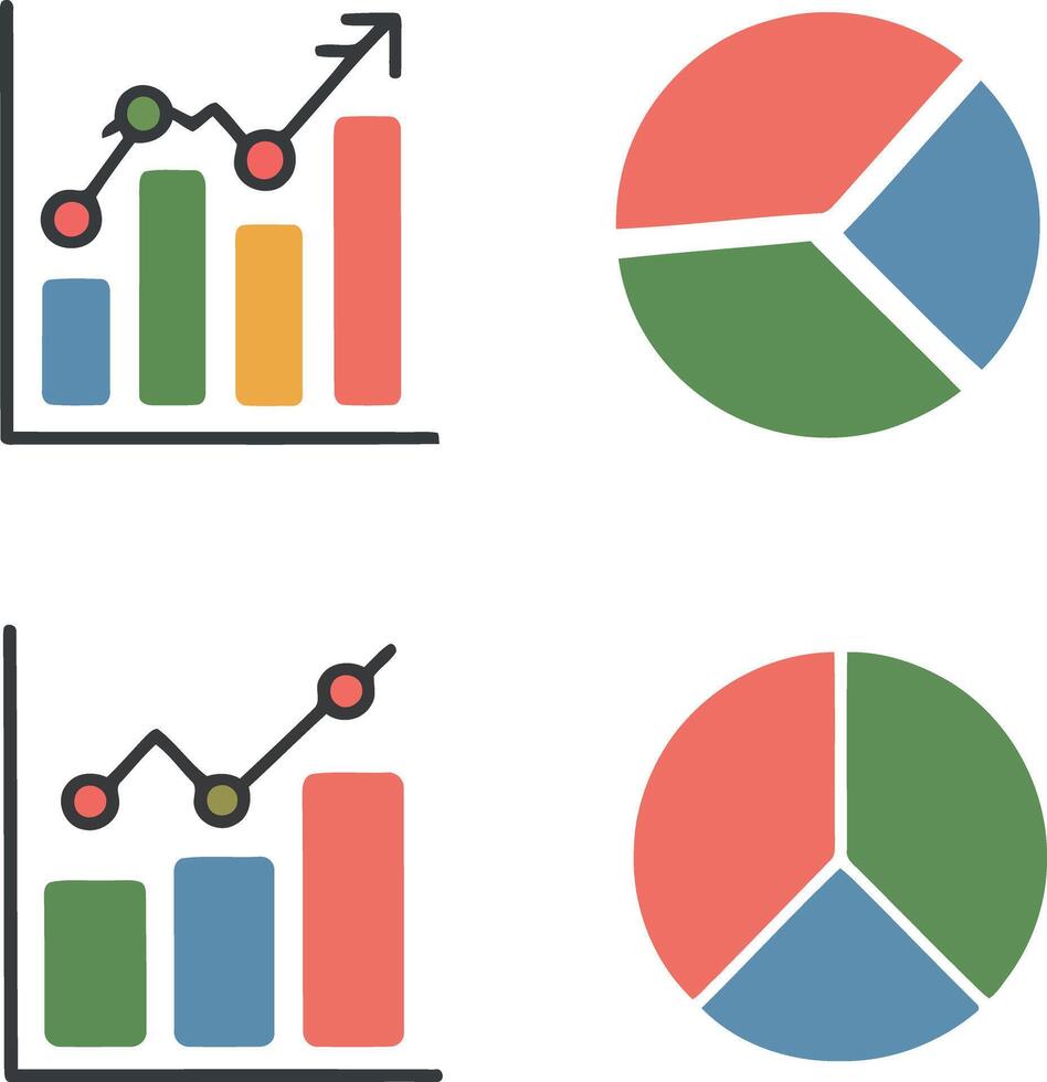 Two bar charts with line graphs and two pie charts data visualization statistics vector