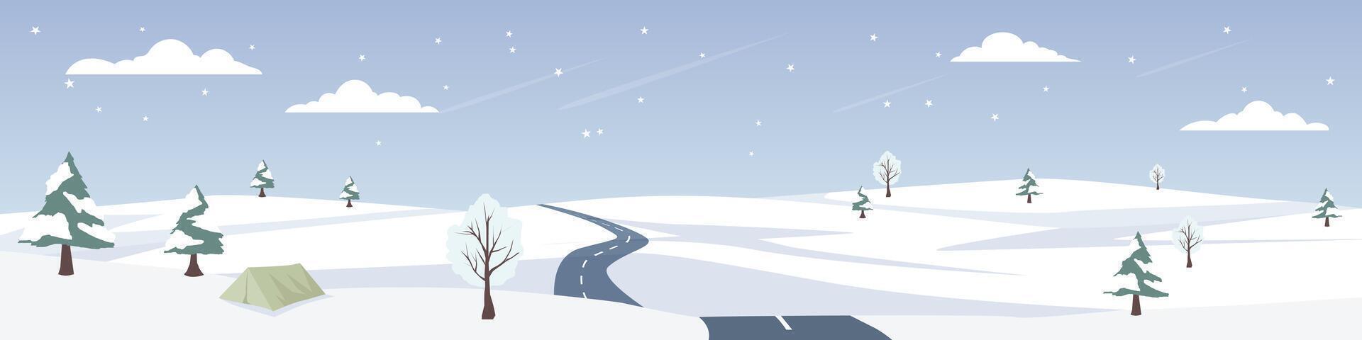 Horizontal or Landscape view of asphalt curved road. Road that passes through a snow covered path. Trees growing everywhere. Tent set up. Under a calm sky with stars shining and shooting stars. vector