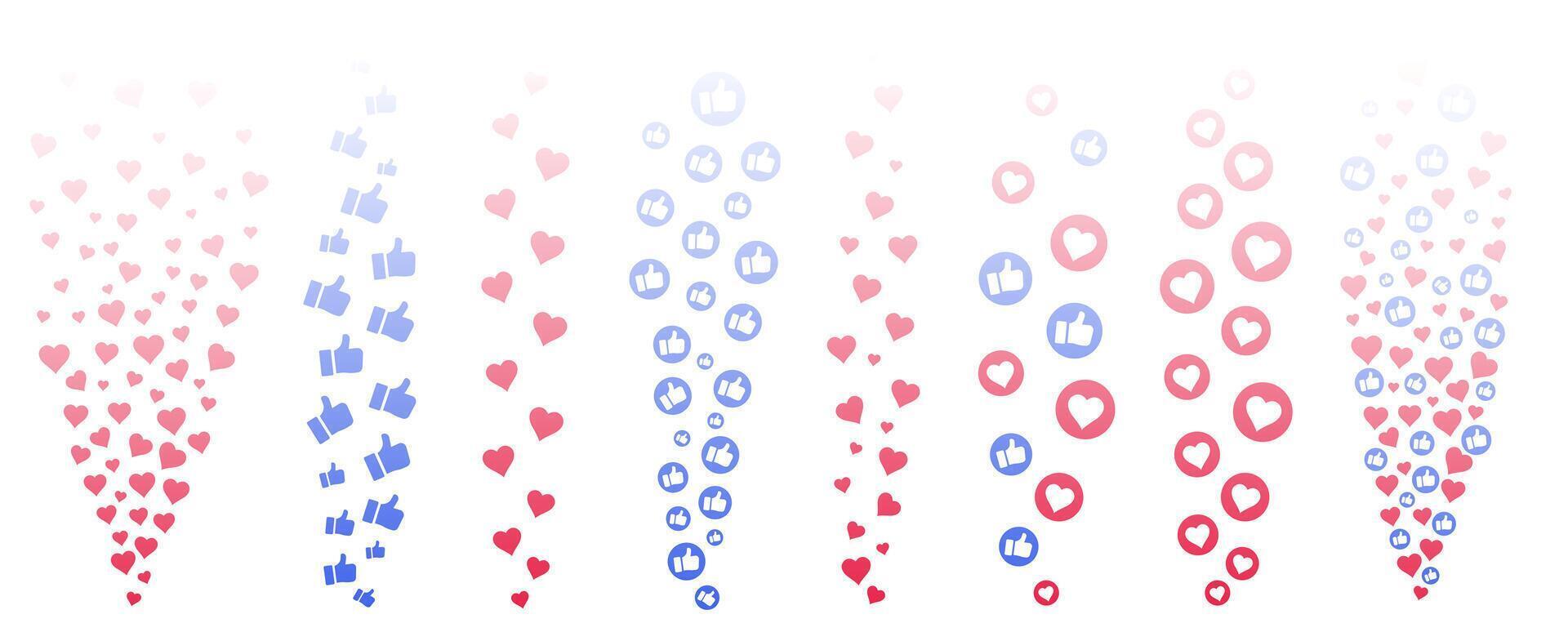 Flying heart and thumb up emoji for live stream with love and social media reaction. set red round icons and chat bubbles for or network background. Post comment, UI element vector