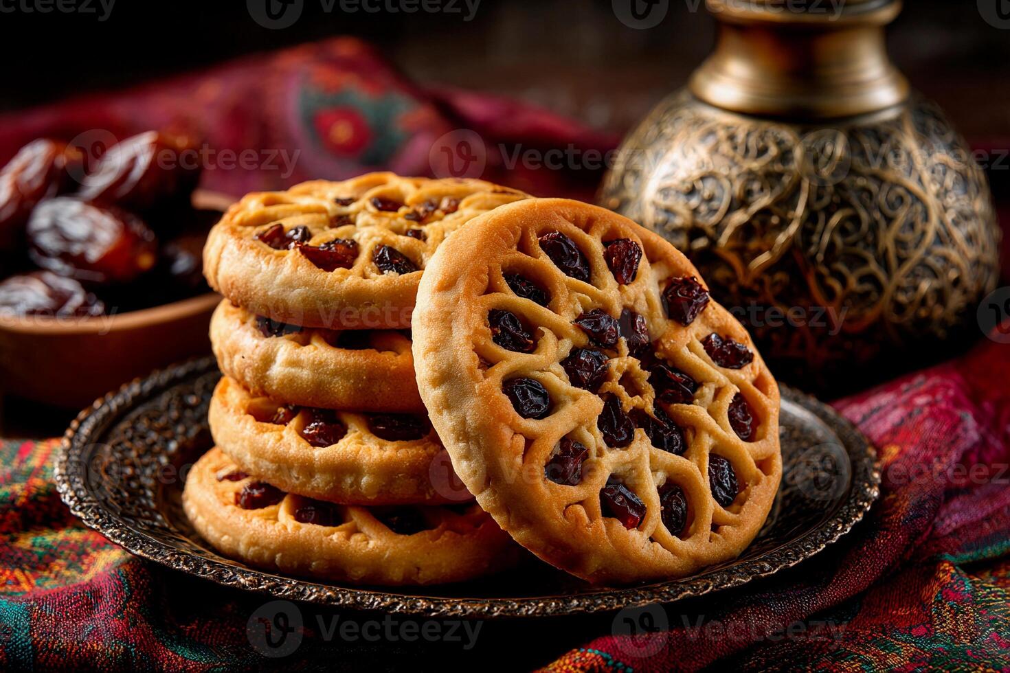 During a festive gathering, a platter holds multiple fried sweets filled with dried fruits. The setting features rich colors and decorative elements, enhancing the appetizing display photo