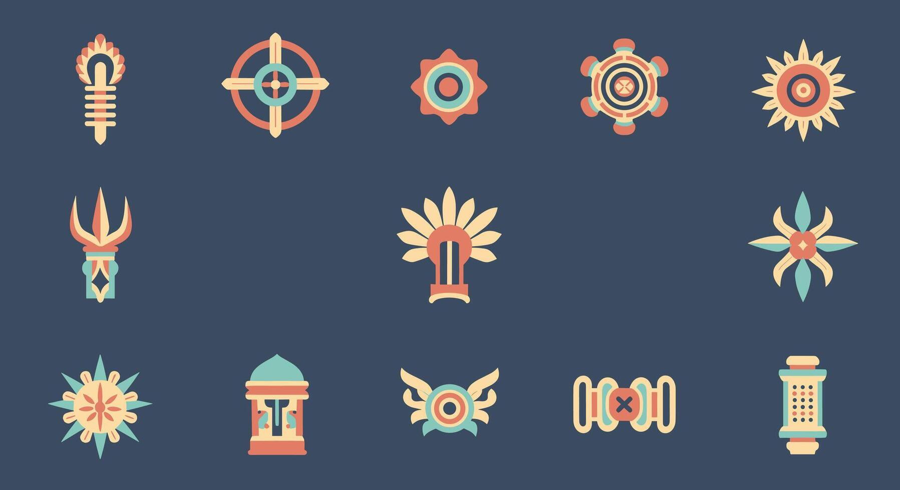 Aztec and Mesoamerican Style Symbols and Icons in Flat Design with an Earthy Color Palette on a Dark Blue Background vector