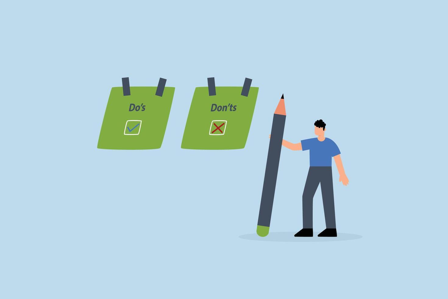 Do and don't checklist, businessman write do and don't checklist on sticky notes vector