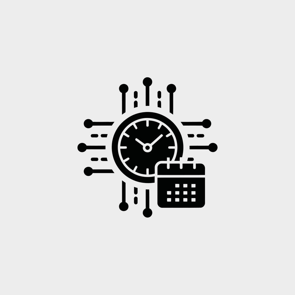 Minimalist Black Icon Clock Calendar Schedule Time Management Digital Data Network Circuit Board Graphic Design Element vector