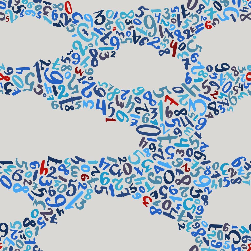 Cloud shaped number clusters pattern with handwritten blue and red digits for playful educational design for student notebooks vector