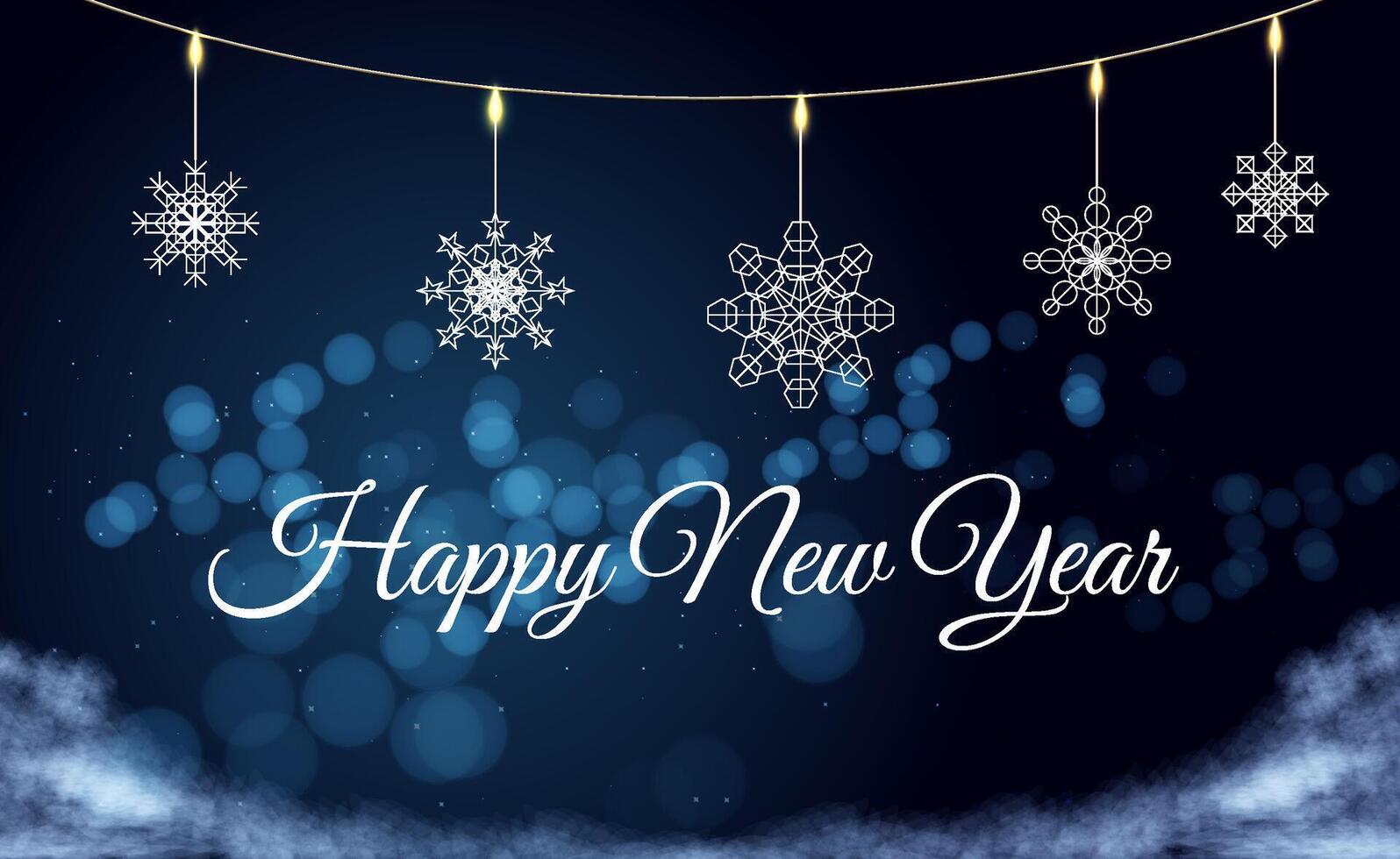 Delicate snowflake decorations dangle from a string of lights in a serene winter scene, surrounded by soft blue hues and a hint of fog, creating a magical atmosphere. vector