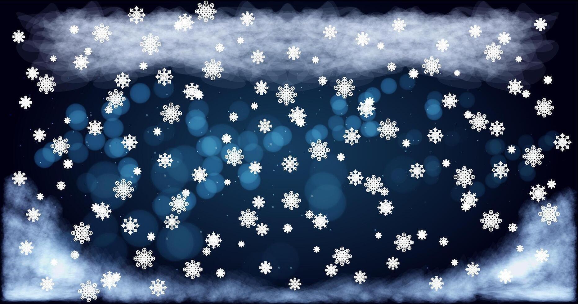 Snowflakes falling softly against a dark blue background with a hint of mist and clouds during a winter evening vector