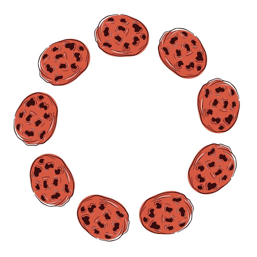 Chocolate chip cookie wreath in flat style. Crunch homemade biscuit design for bakery menu, cafe isolated on a white background. vector