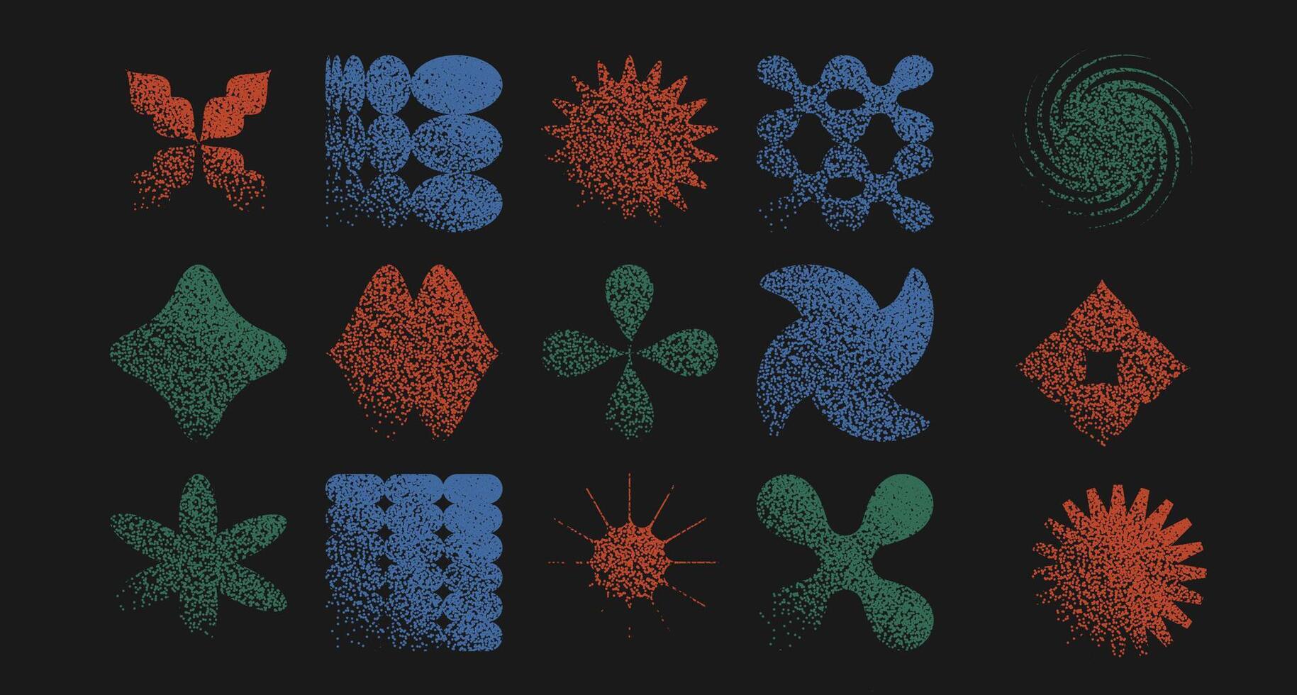 Brutalism Geometric figures set with stipple grain noise gradient texture. Y2k retro stippling forms collection. gritty monochrome gradation illustration. vector