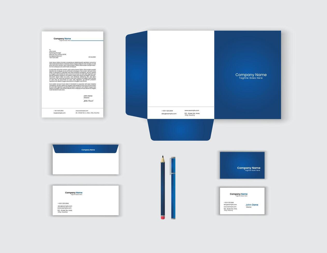 corporate modern stationery set design template. letterhead envelope , business card ,file folder with bleed .stationary set design letterhead, visiting card, envelop, folder vector