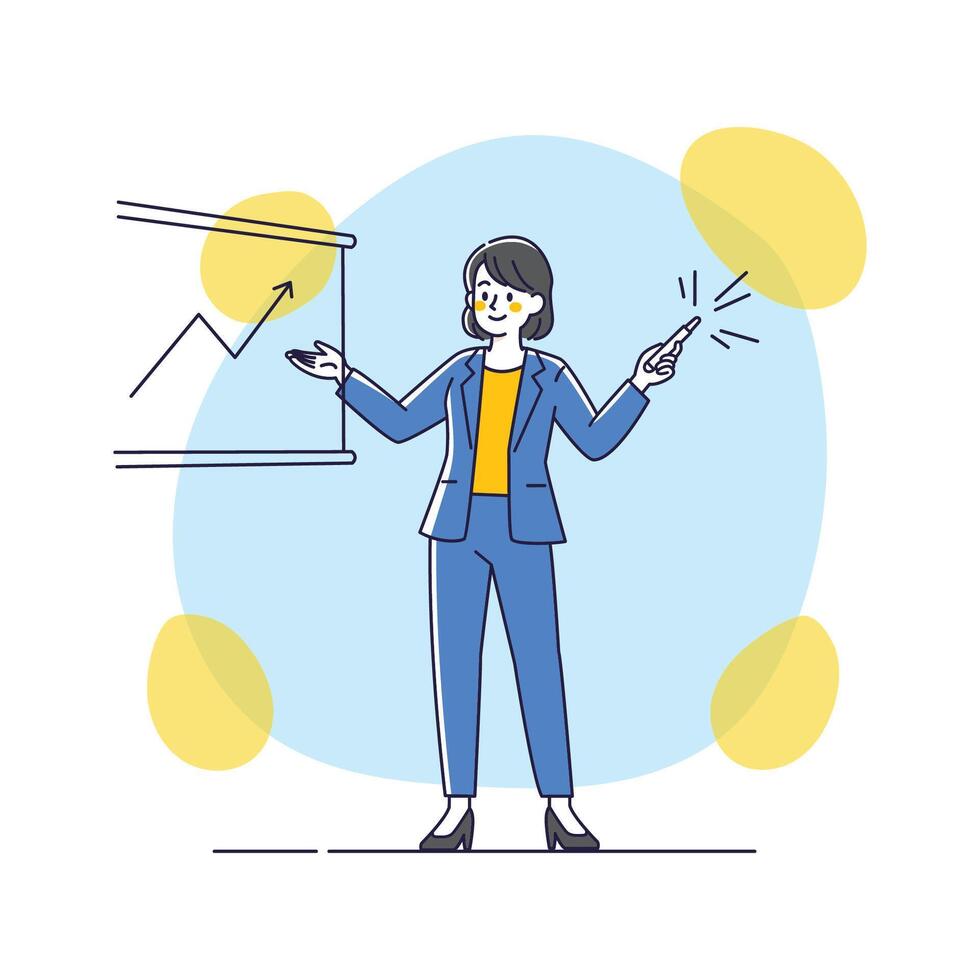 Flat design of a Businessperson Presenting Upward Line Graph with Pointer on Abstract Blue-Yellow Background vector