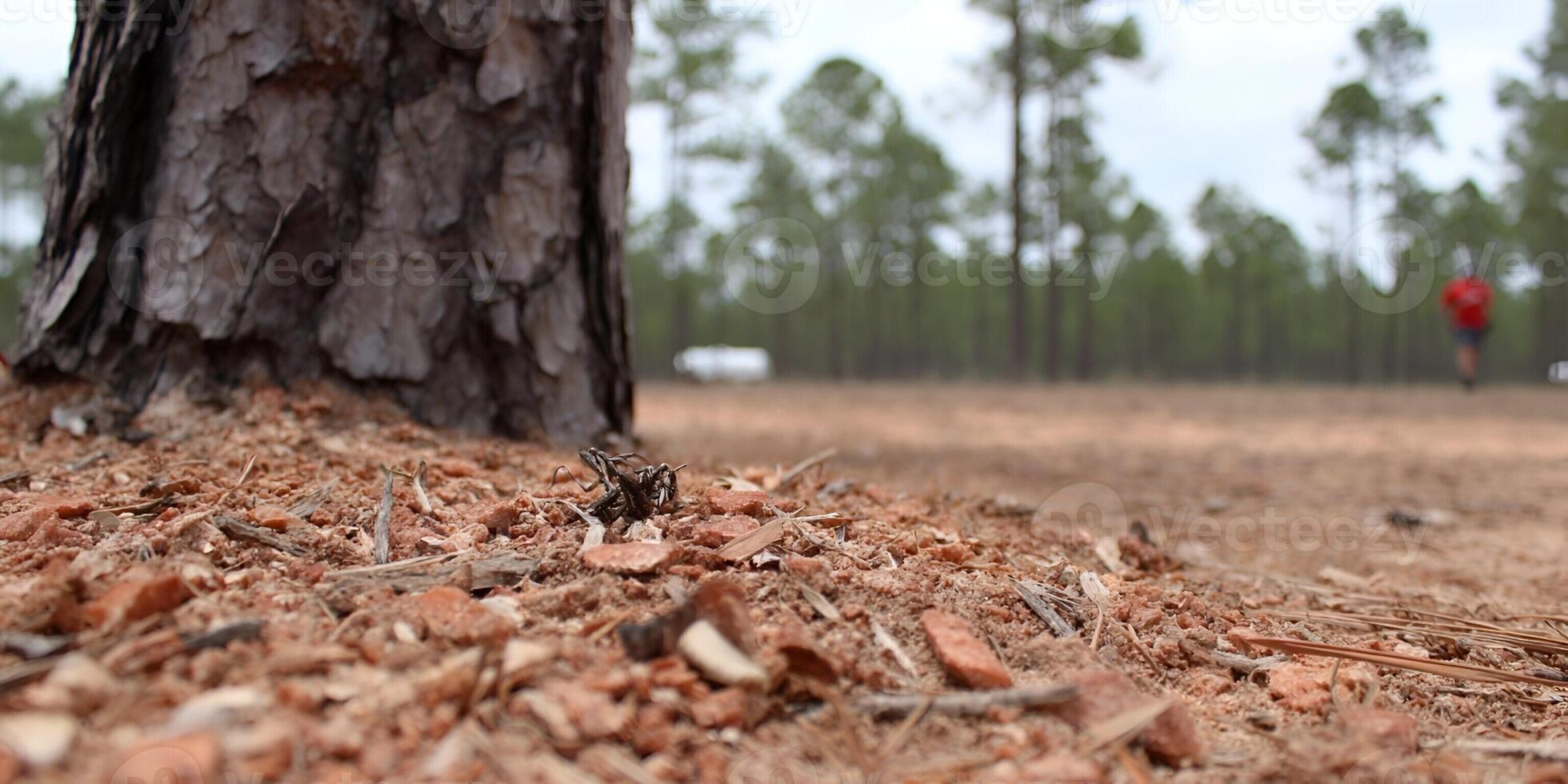 A low angle view of pine tree bark and reddish forest floor with a person and vehicle in the blurry background photo