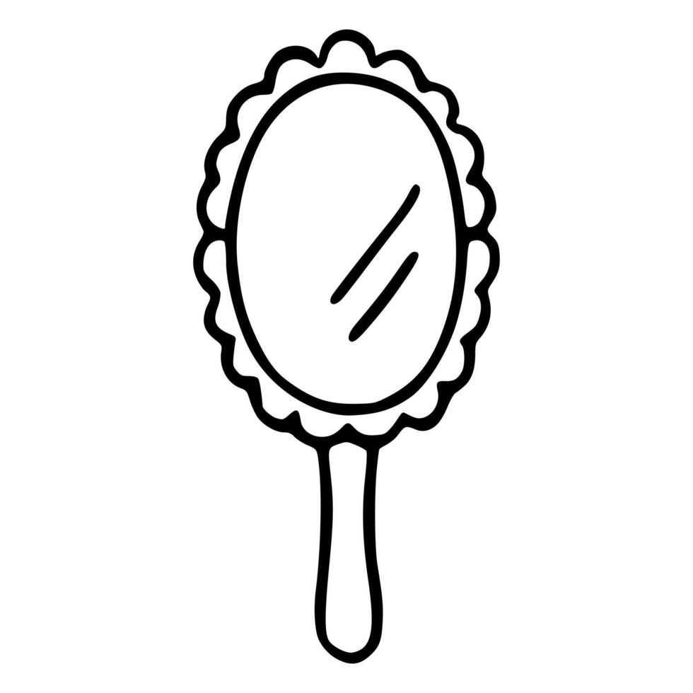A simple, bold black and white illustration of an oval hand mirror with a decorative, scalloped edge and a curved handle, reflecting two diagonal lines. vector