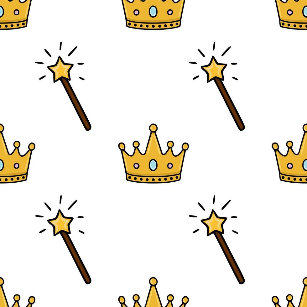 Whimsical pattern featuring golden crowns and sparkling magic wands on a white background, creating a playful and enchanting theme. vector