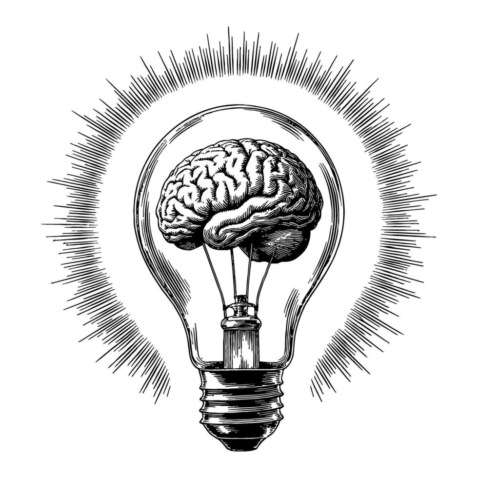 Brain Inside Lamp Bulb with Sunburst Shiny Effect in Black and White Outline Line Art Drawing vector
