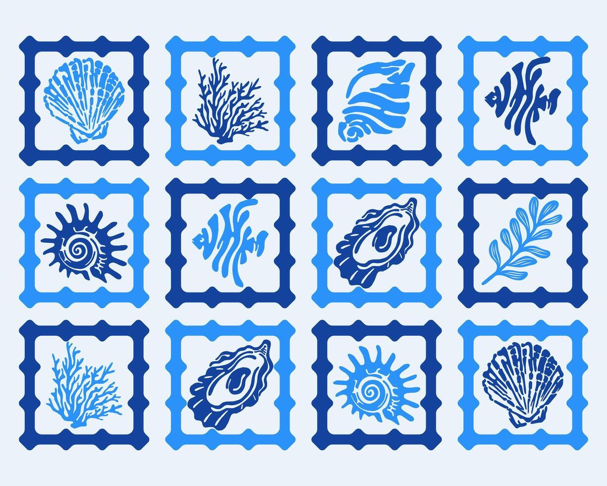 Marine life scallop fish and shell square grid pattern fabric textile motif design background print art editable vector