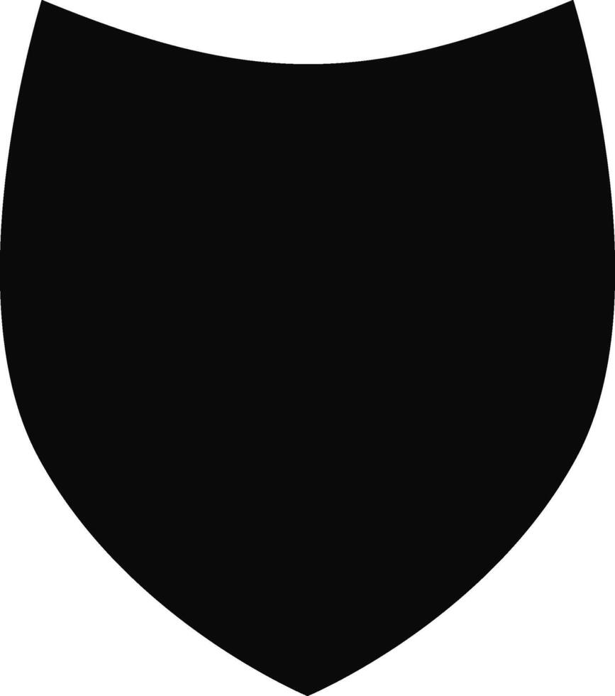 Solid black silhouette of a hexagonal shield with angular edges and a structured geometric design. vector