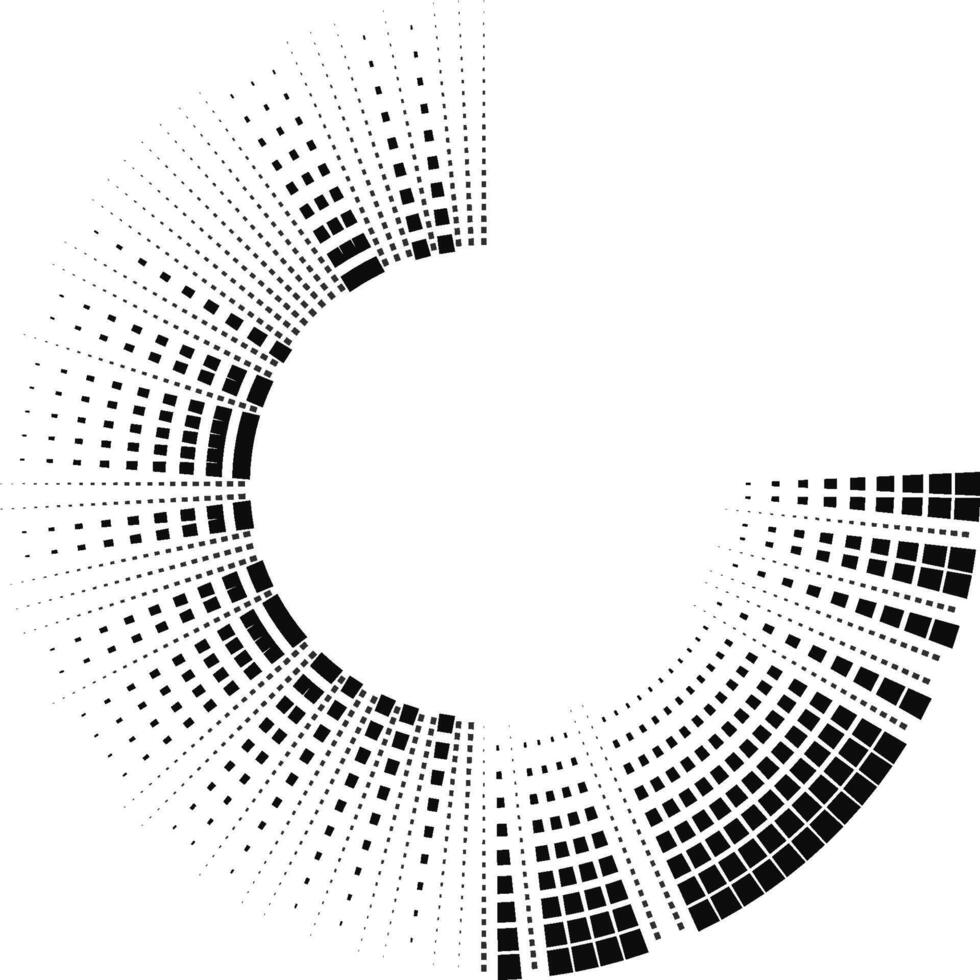 Circular configuration of medium square rays, missing one quarter, with open space in the center. vector