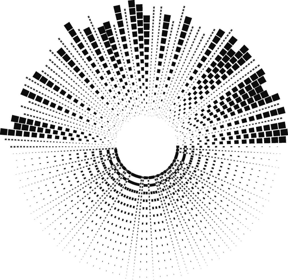Half of the circle is filled with square-based irregular rays extending outward in a radial format. vector