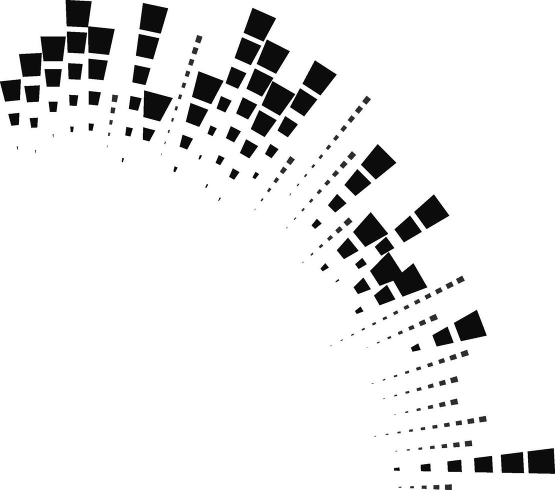Irregular square rays are arranged along a quarter of a full circular path. vector