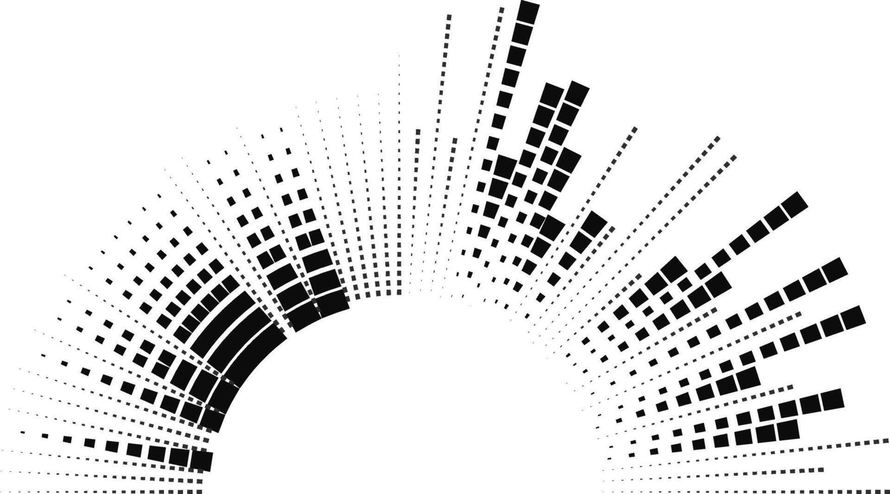 Only a quarter section of a semi-circle is filled with irregular square rays extending radially. vector