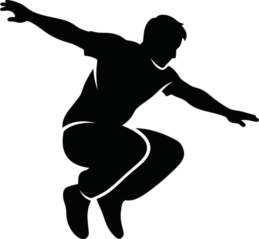 Silhouette of a man performing a dynamic jump arms extended for balance vector