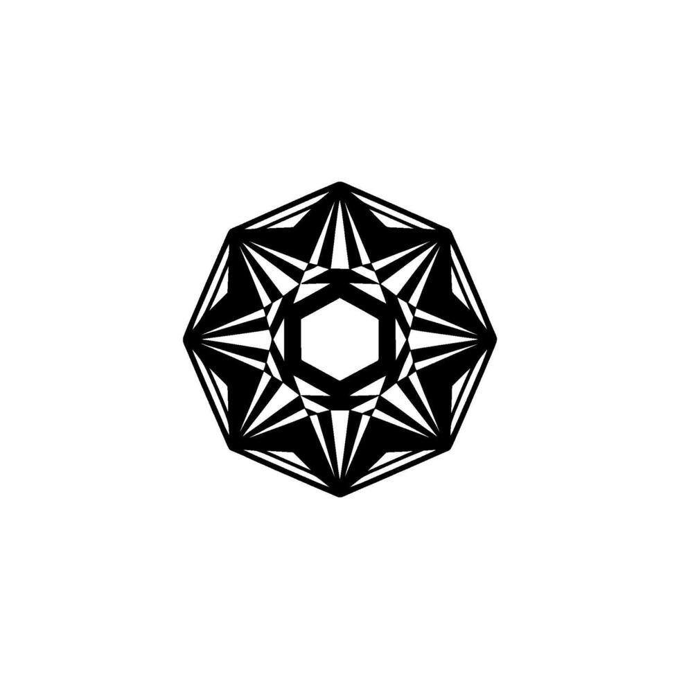 Abstract geometric mandala featuring a ink style symmetrical starburst pattern with hexagonal symmetry vector
