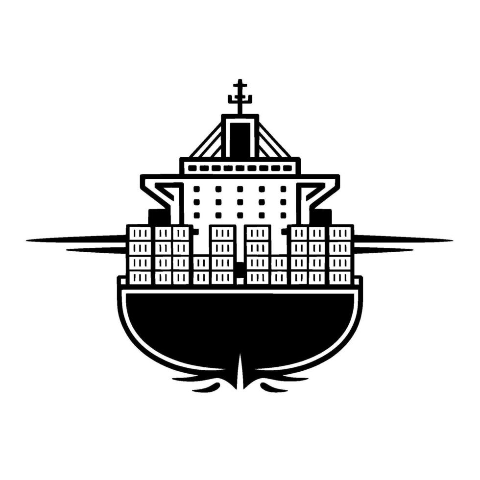 A striking minimalist illustration of a modern container ship viewed from the front showcasing stacked cargo containers and intricate deck structures vector