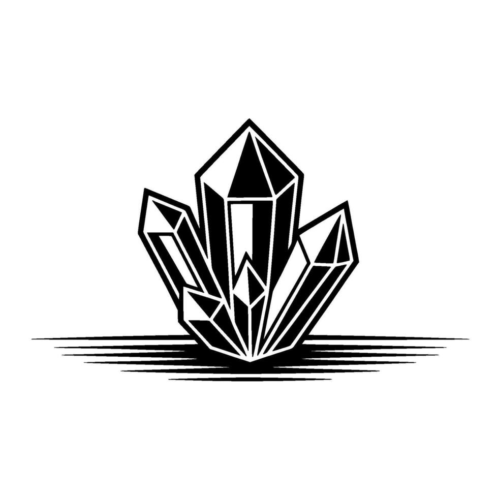 Stylized illustration of a cluster of faceted crystals with sharp geometric edges and parallel lines extending outwards vector