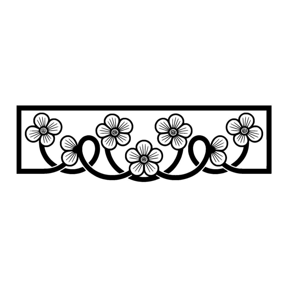 A minimalist illustration of a repeating border featuring delicate five petaled flowers and elegant swirling vine elements framed within a rectangle vector