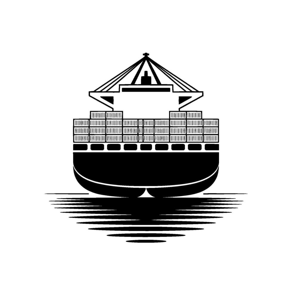 A minimalist silhouette of a massive cargo container ship with stacked shipping containers and a crane loading system isolated vector