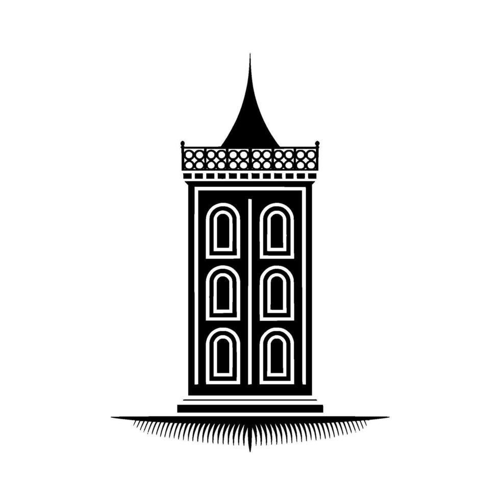 A stark silhouette illustration of a stylized historical tower with multiple arched windows and a pointed spire vector