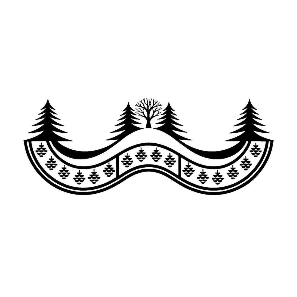 Minimalist silhouette of a stylized forest landscape with evergreen trees a bare deciduous tree and a decorative wavy pattern of pine cones vector