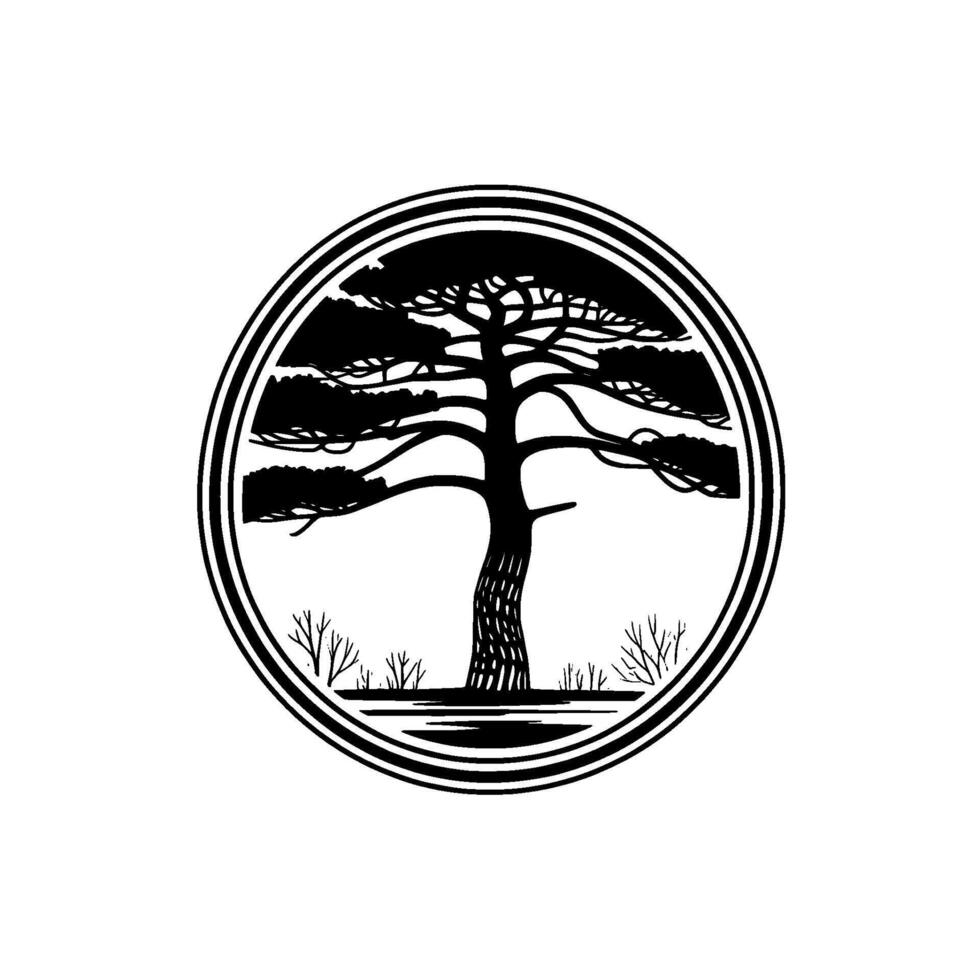 Stylized silhouette of a mature pine tree with textured bark and sprawling branches enclosed within a bold double concentric circular border vector