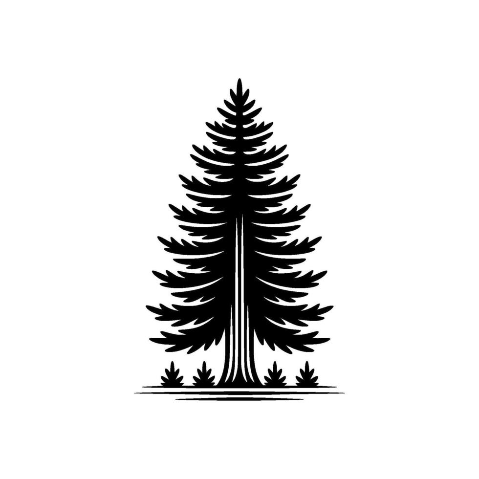 A stylized silhouette of a tall evergreen pine tree with layered branches and a decorative base of small fir trees vector