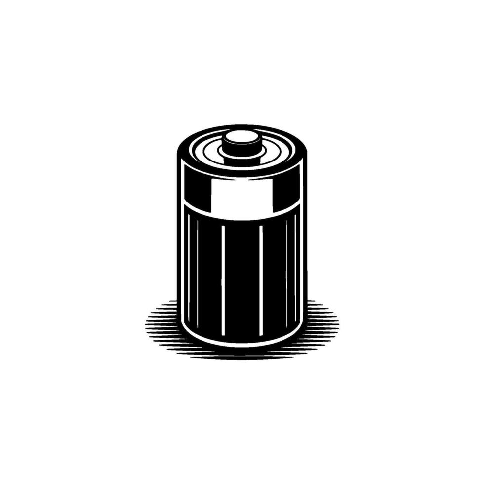 A stark illustration of a single AA battery rendered in a clean minimalist isometric perspective with subtle hatching for shadow detail vector
