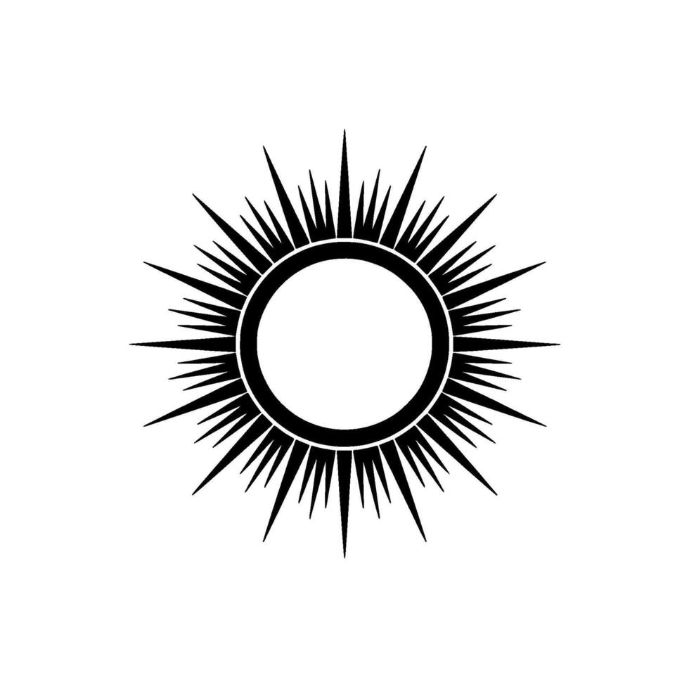 A striking minimalist silhouette of a stylized sun with sharp radiating rays and a central circular void vector