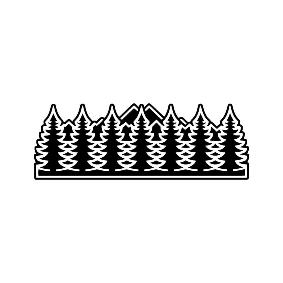 A stylized silhouette of a dense coniferous forest with pointed evergreen trees and jagged mountain peaks in the background vector
