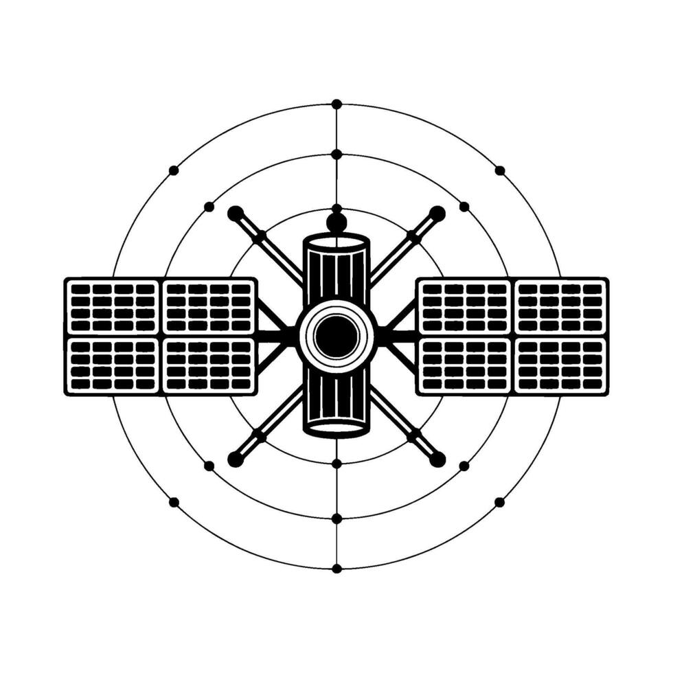 Minimalist illustration of a satellite in orbit featuring solar panels and geometric orbital path with connected nodes vector