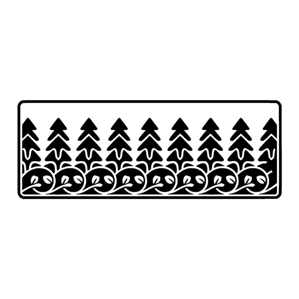 silhouette border featuring a row of stylized evergreen trees above a repeating pattern of cute panda faces with leafy accents vector
