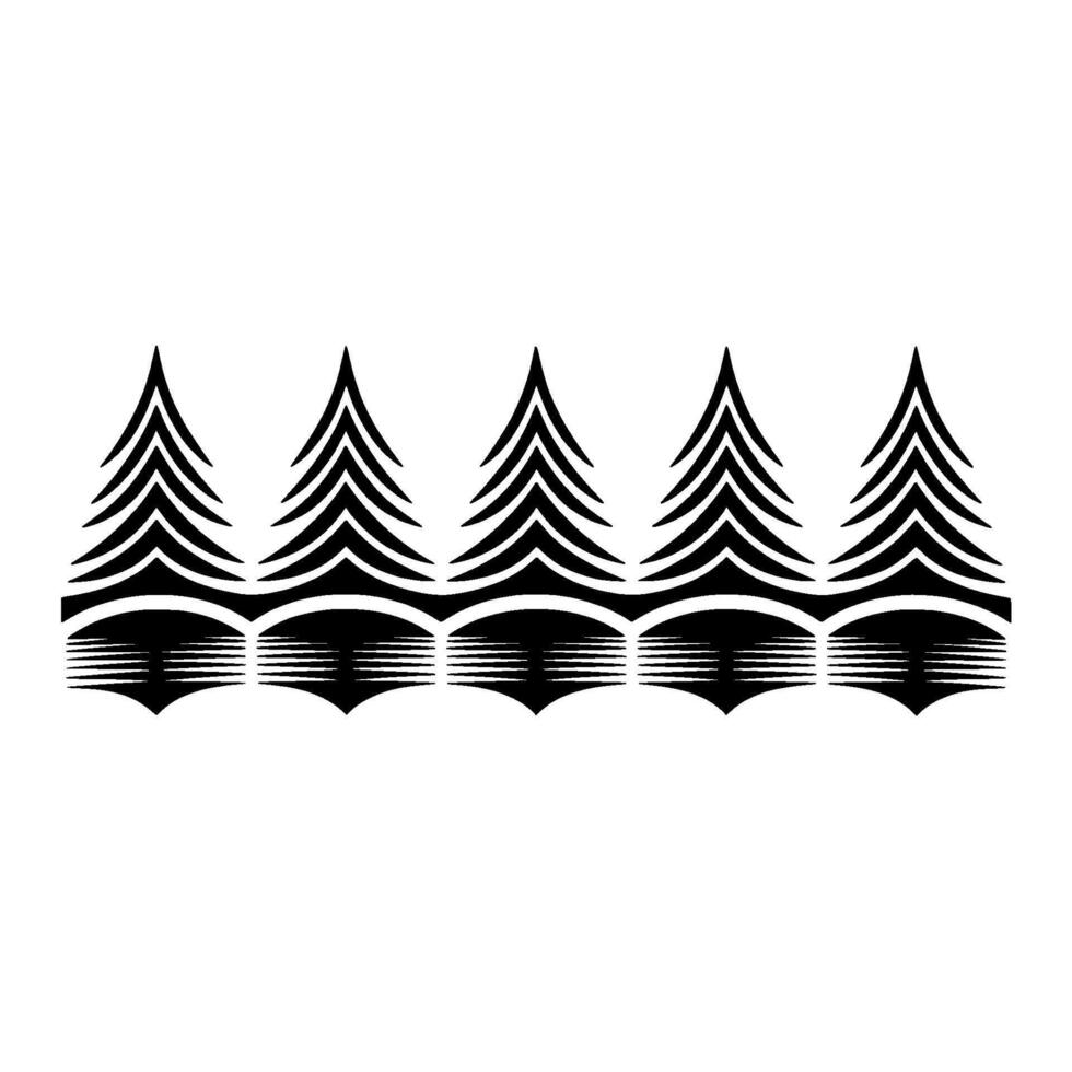 A stylized linear illustration of a repeating pattern featuring five abstract evergreen trees with layered branches and a decorative base vector