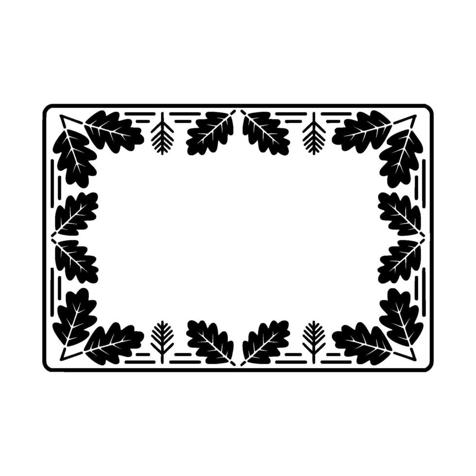 A detailed silhouette of a rectangular border adorned with alternating oak leaves and small pine trees vector