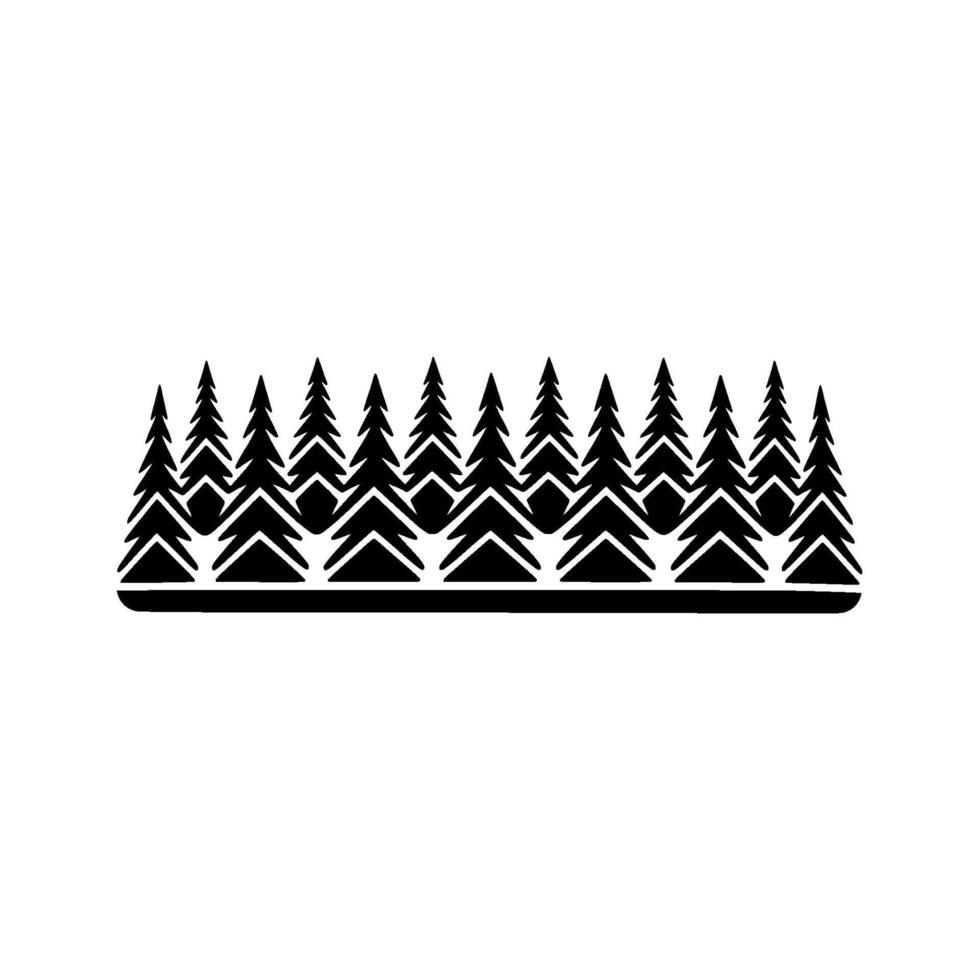 A clean silhouette of a dense forest of stylized evergreen pine trees lined up horizontally vector