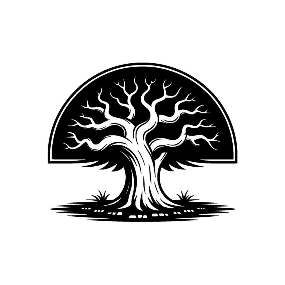 A bold silhouette of a stylized ancient oak tree with gnarled branches and exposed roots contained within a semicircular frame vector