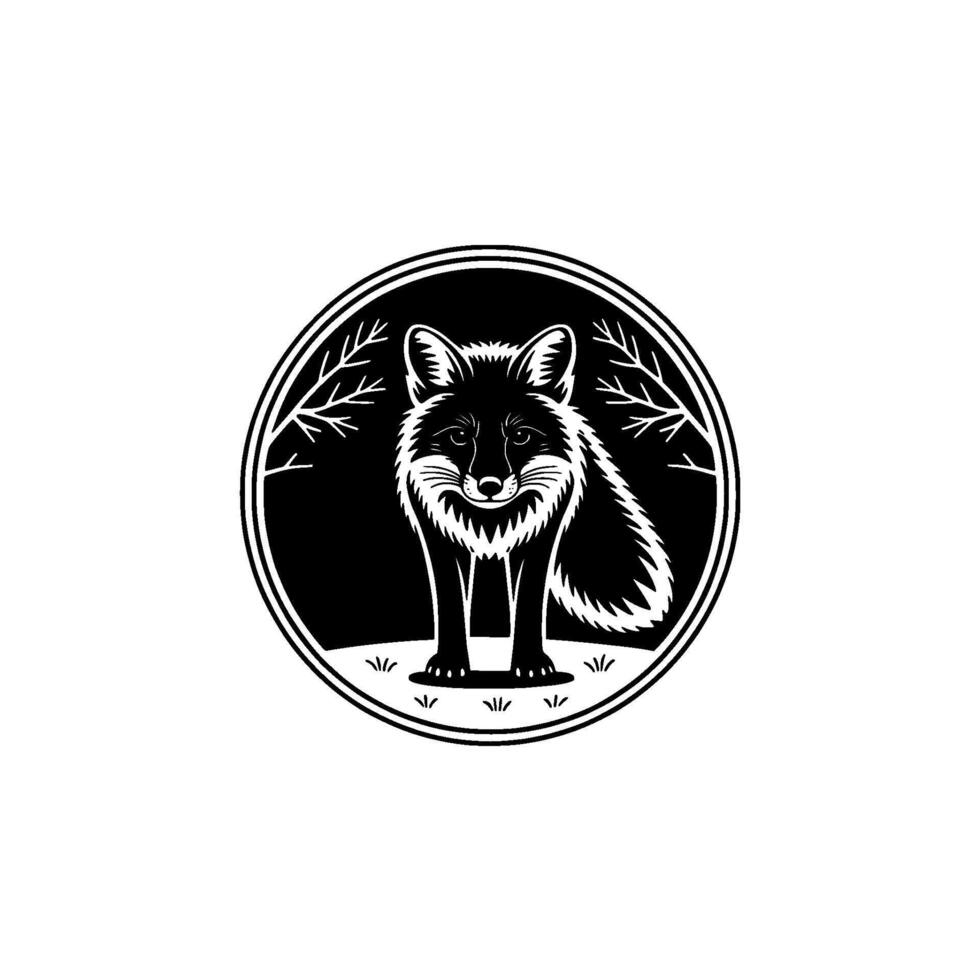 A striking illustration of a stylized fox standing alertly within a circular emblem framed by bare tree branches and delicate grass vector