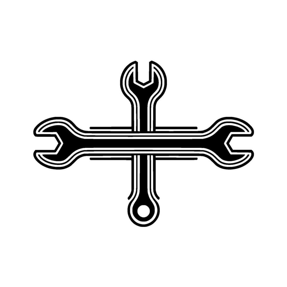 A bold minimalist featuring two stylized wrenches forming a cross shape with clean lines and a subtle gray background perfect for technical themes vector