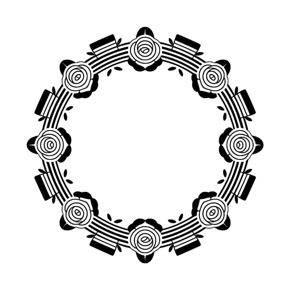 Elegant art deco inspired circular frame featuring stylized roses intertwined with concentric stripes and rectangular accents vector
