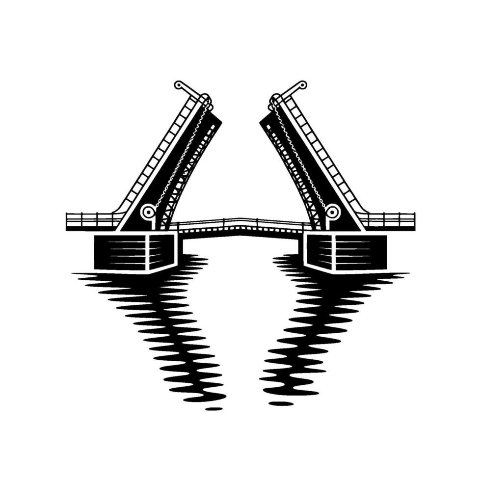 A minimalist illustration of an open drawbridge with detailed mechanical elements and a distorted reflection vector
