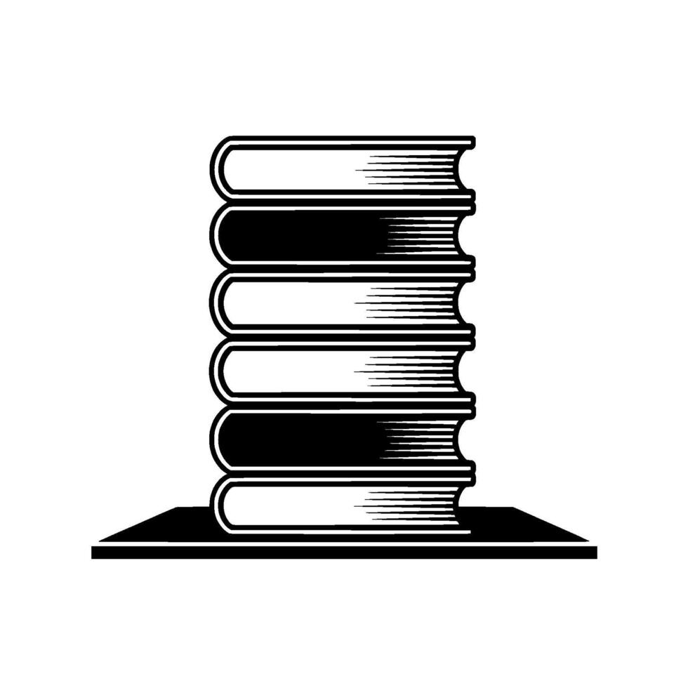 A stark illustration of a stack of six hardcover books with stylized pages rendered in fine horizontal lines vector