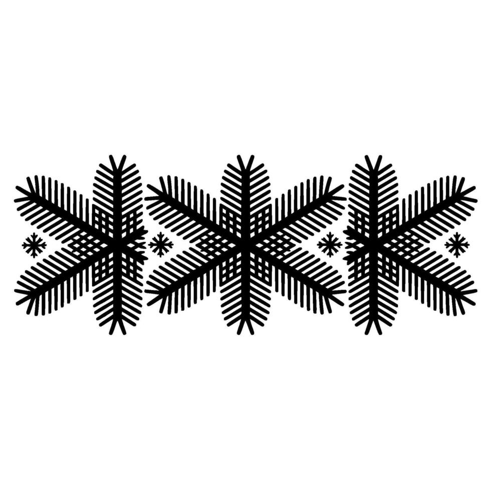 A minimalist pattern featuring a horizontal arrangement of three detailed snowflake designs with smaller starbursts interspersed between them vector